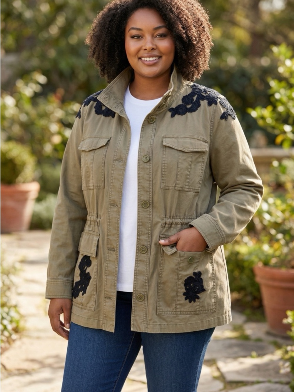 Lane Bryant Olive Drab Twill Jacket w Lace Appliqués Sz 22/24